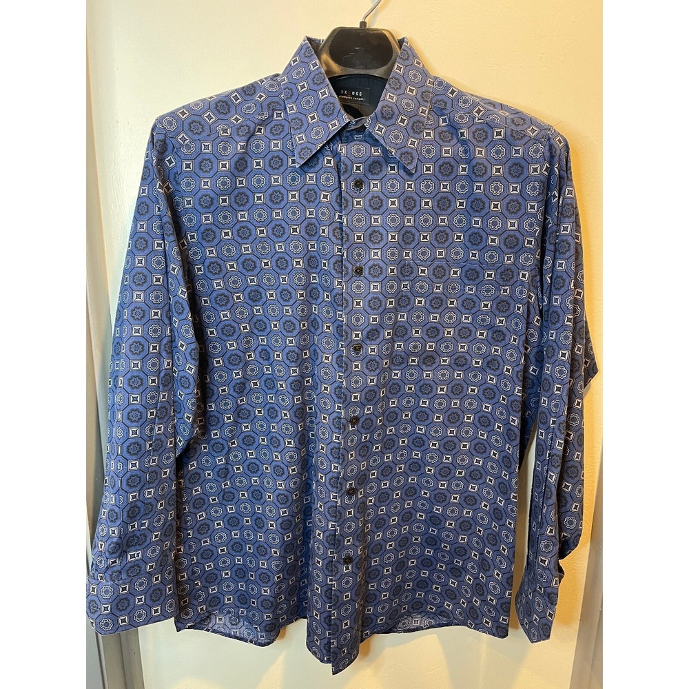 Axcess a Claiborne Company Mens Large Blue Geometric Medallion Button Down Shirt